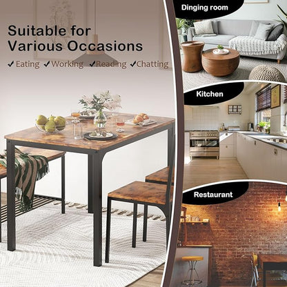 soges 4 Person Dining Table Set, 43.3inch Kitchen Table Set for 4, Dining Room 2 Chairs with Backrest, 2-Person Bench with Storage Rack, Vintage Brown