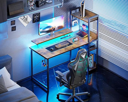 ODK Reversible Gaming Desk with USB Charging Port and LED Lights, 40 Inch Computer Desk with Storage Shelves & Monitor Stand, Writing Study Table for Home Office, Small Space Bedroom, Rustic Brown