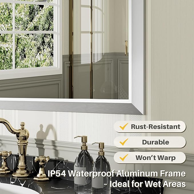 60x40 Inch Silver Bathroom Mirror for Wall, Thick Metal Framed Rectangle Mirrors for Over Sink, Bedroom, Living Room, Entryway, Anti-Rust, HD Tempered Glass