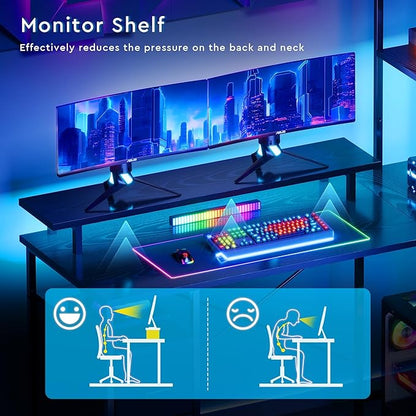 L Shaped Gaming Desk with Shelves,Reversible Computer Gaming Desk with LED Lights and Charging Station,Home Office Corner Desk with Monitor Stand,Black