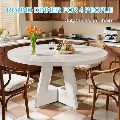47" Round Dining Table for 4-6, Modern Small Dinner Table Farmhouse Round Kitchen Tables with Wooden Cross Base for Dining Room, Kitchen, Living Room, White