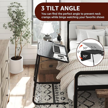 Adjustable TV Tray Black Dinner - Folding Trays for Eating On Couch Wooden Tables Mate Stand Foldable Desk with Cup Holder Portable