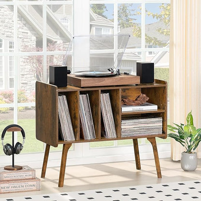 Lerliuo Record Player Stand with 4 Cabinet Holds Up to 220 Albums, Large Turntable Stand with Beech Wood Legs, Mid-Century Record Player Table,Brown Vinyl Holder Storage Shelf for Bedroom Living Room