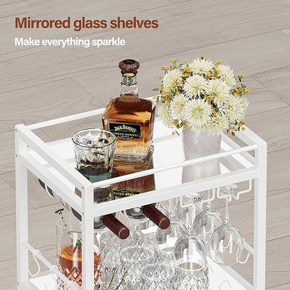 TUTOTAK Bar Cart, Home Bar Serving Cart, Drink Cart with 3-Tier Mirrored Shelf, Mobile Kitchen Shelf with Wine Rack, BC01BW033