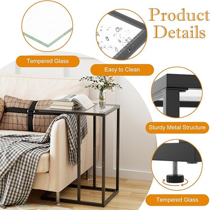 C Shaped End Table, Glass Couch Side Tables for Living Room, Small Modern Sofa Table with Metal Frame, TV Tray Table for Bedroom, Office, Small Space, Black