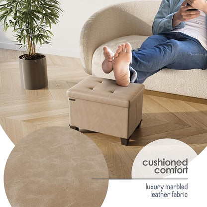 STORAGEBUD Storage Ottoman Cube with Small Bin, 16-in Square Ottoman with Storage for Living Room and Bedroom, Small Ottomans Foot Rest, Faux Leather Foot Stools Ottomans Max 330lbs, Taupe