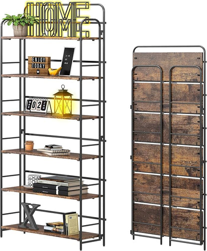 4NM No Assembly Folding Bookshelf 6 Tiers Vintage Industrial Black Book Shelf Metal Foldable Storage Bookcase and Bookshelves for Living Room,Bedroom and Kitchen - Rustic Brown