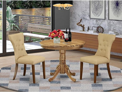 East West Furniture ANGA3-ANA-03 3 Piece Dining Table Set for Small Spaces Contains a Round Kitchen Table with Pedestal and 2 Brown Linen Fabric Parsons Chairs, 36x36 Inch, Natural
