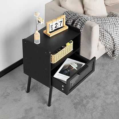 Lerliuo Rattan Nightstand, Side Table with Drawer Open Shelf, Cane Accent Bedside End Table with Solid Wood Legs, Mid Century Modern Night Stand for Bedroom, Dorm and Small Spaces (Black)