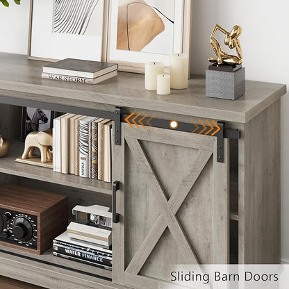 CABIHOME Farmhouse Tv Stand for 65 Inches TVs, Entertainment Center with Storage and Sliding Barn Doors, Adjustable Shelf Modern Media TV Console TV Stand Table for Living Room, Bedroom, Grey