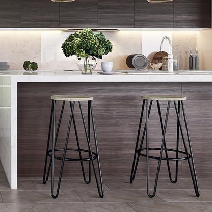 SIMPLIHOME Simeon Industrial Metal 30 inch Metal Bar Stool with Wood Seat in Natural / Black for the Dining Room and Kitchen