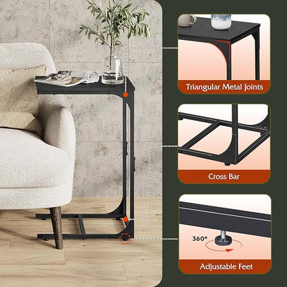 WLIVE C Shaped End Table, Small Couch Side Tables with Metal Frame, Sofa Table TV Tray for Living Room, Bedroom, Relief Black