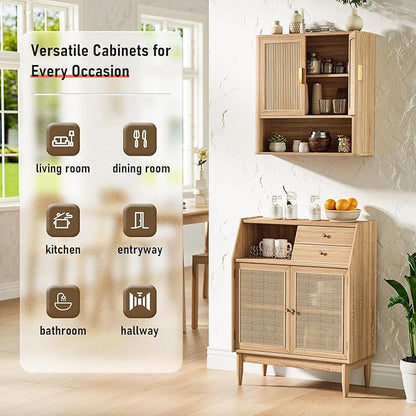 Bathroom Storage Cabinet, Medicine Cabinet with Adjustable Wood Shelf & Doors, Over The Toilet Storage Cabinet for Laundry Room & Kitchen & Living Room (Natural Oak)