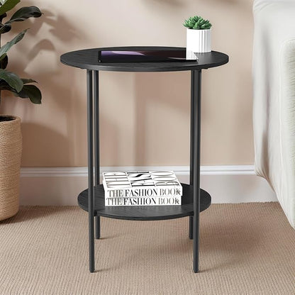 Side Table,Round End Table with 2 Storage Shelves| Compact Side Tables for Living Room, Couch, Office & Bedroom | Narrow Accent Table as Space-Saving Small Bedside Table 18x18x22in(Black)