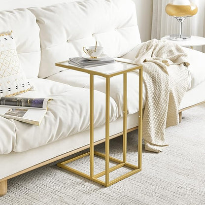YMYNY C-Shaped End Table, Tempered Glass Sofa Side Table, nightstand for Small Place,Coffee Table for Hallway Office Bedroom Living Room, Metal Frame, Gold, 24.8 * 15.75 * 11.8" UHGD001G