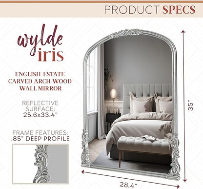 English Estate Carved Arch Wood Wall Mirror, Mirror for Entryway, Living Room, Bathroom, Antique Silver, 25.6x33.4