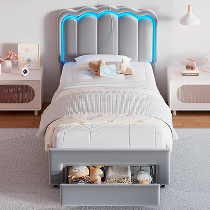 Twin Upholstered LED Bed Frame with Storage Drawer and Adjustable Chic Double Wavy Headboard, Velvet Prince Platform Bed for Boys/Kids, Solid Wood Slats Support, No Box Spring Needed, Grey