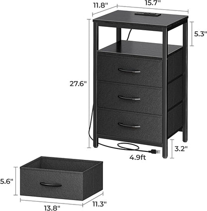 Huuger Nightstands Set of 2, 27.6 Inch End Tables with Charging Station, Bed Side Tables with Fabric Drawers, USB-C Port and Outlet, Night Stands for Bedroom, Black
