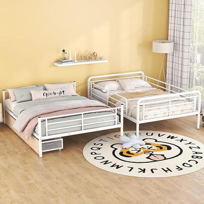 Full Over Queen Metal Bunk Bed with 2 Storage Drawers,Contemporary Iron-Crafted Bed Frame,w/Ladder & Full Length Gridded Guardrails,No Box Spring Needed,for Bedroom Guest Room,White