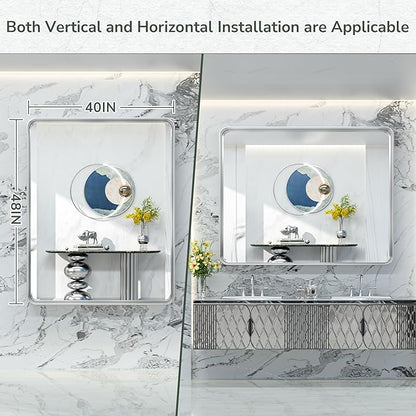 TokeShimi 48x40 Inch Brushed Silver Bathroom Mirror for Wall Metal Rounded Corner Rectangle Mirror Metal Frame Deep Set Design Hangs Horizontal Or Vertical