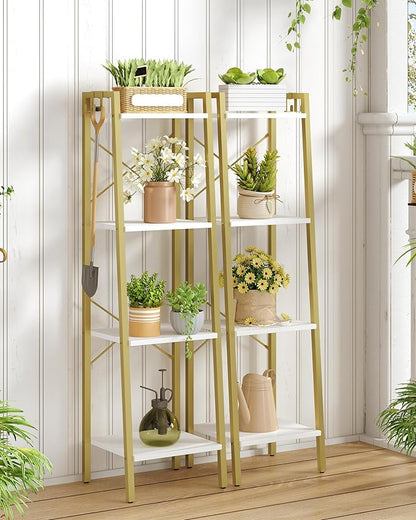 Ladder Shelf, Bookshelf Bookcase, Freestanding Corner Storage Shelve with 2 Hooks for Home Office, Living Room, Kitchen, Bedroom, Industrial, 4-Tier White Gold BC13213G