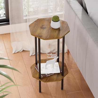 Side Table, Octagonal End Table for Small Spaces, Nightstand with 2 Storage Shelves, Small Table Stand for Bedroom, Living Room, Outdoor Balcony(Brown)