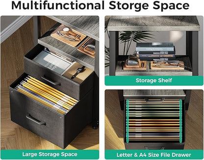 Coleshome L Shaped Computer Desk with 6 Drawers & Power Outlet, 55 Inch Corner Desk with Reversible Storage Shelf & File Drawer, Home Office Desk, Grey Oak