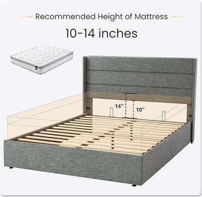 SHA CERLIN Queen Size Lift Up Storage Bed/Modern Wingback Headboard/Upholstered Platform Bed Frame/Hydraulic Storage/No Box Spring Needed/Wood Slats Support/Grey Blue