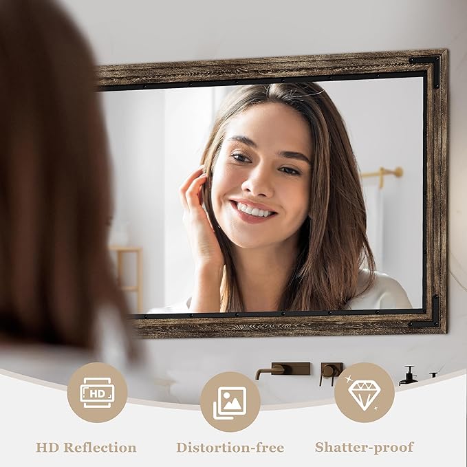 YOSHOOT Farmhouse Bathroom Mirror, Rustic Wood Mirror, Wooden Framed Vanity Mirror, Solid Wood & Handmade, Vertical or Horizontal Hanging for Bathroom Entryway Living Room Bedroom, 40" x 30", Brown