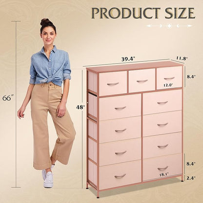 WLIVE Storage Organizer Unit with 11 Fabric Bins, Storage Drawers Organizer with Steel Frame, Tall Storage Tower Organizaton for Living Room, Hallway, Office, Office, Pink