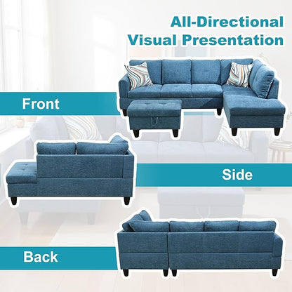 Couches for Living Room Modern L Shaped Couch Comfy Flannel Fabric 3 Pieces Sectional Sofa with Chaise, Ottoman with Storage for Office and Small Apartment, Blue