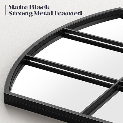 Wide Window Pane Mirror, 28" x 32" Black Arched Mirror for Wall, Large Grid Wall Mirrors for Living Room Bedroom Farmhouse Fireplace Hallway Entryway