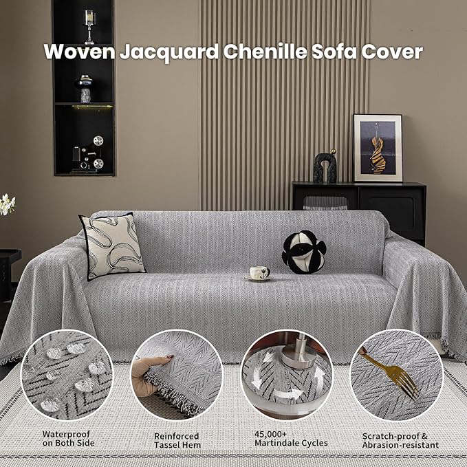 Nobildonna Sofa Cover Washable Soft Thicken Chenille Couch Cover with Tassel,Waterproof Sofa Slipcover for 3-4 Cushion Couch,Sectional Sofa,L-Shaped Furniture Protector Pet-Friendly,Gray 71"x150"