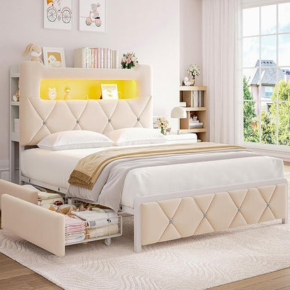 Queen Upholstered LED Bed Frame with 2 Storage Drawers and 2-Tier Storage Headboard,Velvet Princess Platform Bed with Charging Station & Bookcase, Corner Bed Frame, Heavy Duty Metal Support, Beige