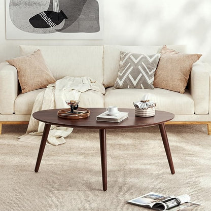 Small Oval Coffee Table, 33.5" Mid Century Modern Coffee Table for Living Room, 100% Solid Oak Wood Side Table, Minimalist Display Center Table (Walnut Color, 33.46''Wx22.83''Dx15.74''H)