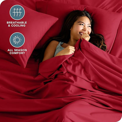Bare Home Split Head Flex King Sheet Set - 1800 Ultra-Soft Microfiber Bed Sheets - Double Brushed - Deep Pockets - Easy Fit - 4 Piece Set - FlexTop King Bedding (Split Head Flex King, Red)