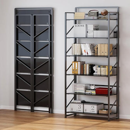 JSB No Assembly Folding Bookshelf, 6 Tier Industrial Metal Book Shelf for Storage, Vintage Wood Foldable Bookcase for Living Room, Bedroom, Office Organization Shelves