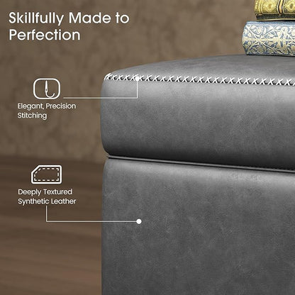 GarveeHome Storage Ottoman Bench, Mid-Century Modern Entryway Bedroom Bench, Synthetic Leather with Stitching, Safety Hinges, Loads 680 Lb, Grey