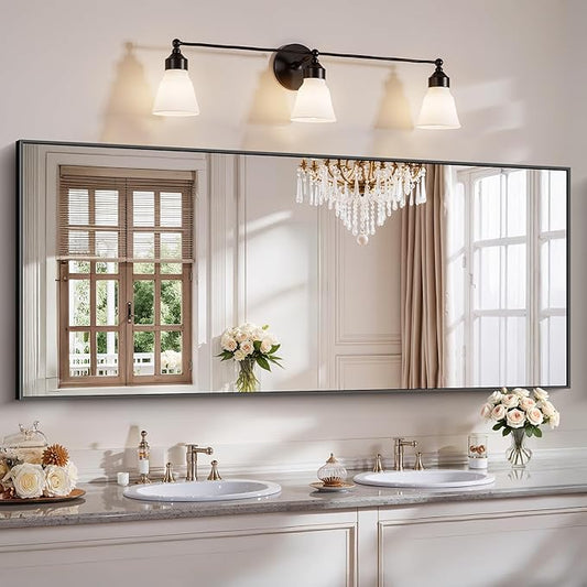 YIROMAN Bathroom Mirror 72"x30", Large Matte Black Bathroom Mirror for Over Sink with Aluminum Frame, Rectangular Vanity Mirror with Right Angle, Wall Mirror Hangs Horizontal or Vertical, Shatterproof