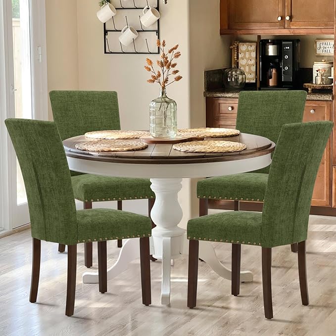 COLAMY Upholstered Parsons Dining Chairs Set of 6, Fabric Dining Room Kitchen Side Chair with Nailhead Trim and Wood Legs - Green