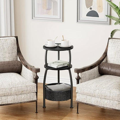 Small Round end Table for Living Room with Storage Basket –Small Space Saving End Table 3-Tier Accent Nightstand Couch Corner Table for Sofa, Bedroom, Patio and More 24in Tall Classic Black