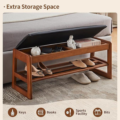 Shoe Rack Bench with Storage-Wood Shoe Bench for Entryway 40" 2 Tier Shoe Organizer with Cushion, PU Solid Wood LEDs Flip Top Entryway Shoe Organizer Space Saving Hallway