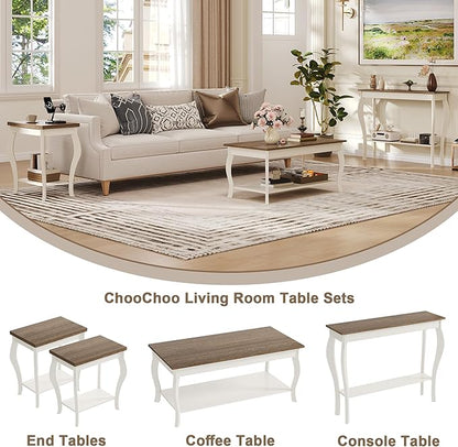 ChooChoo Coffee Table, Rustic Center Table with Curved Legs and Storage Shelf, 39" Coffee Table for Living Room, Soft White