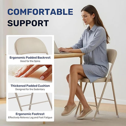 HealSmart 2 Pack Folding Chairs with Leather Padded Cushion Seats & Durable Metal Frame, Comfortable, Foldable, Portable, Commercial Event Seat, Indoor Outdoor for Home, Parties, Office, Kahki