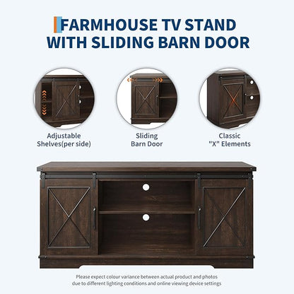 CABIHOME Farmhouse TV Stand and Entertainment Center for Tv up to 65 inches with Sliding Barn Doors and Adjustable Shelf, TV Media Storage Console Table for Living Room, Brown