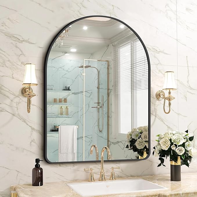 FORBATH Arched Mirror 30x40 Inch, Black Arched Bathroom Mirror Wall Mounted Modern Black Aluminum Frame Decor Large Dresser Mirror for Bedroom Living Room Entryway, Hanging or Leaning Against Wall
