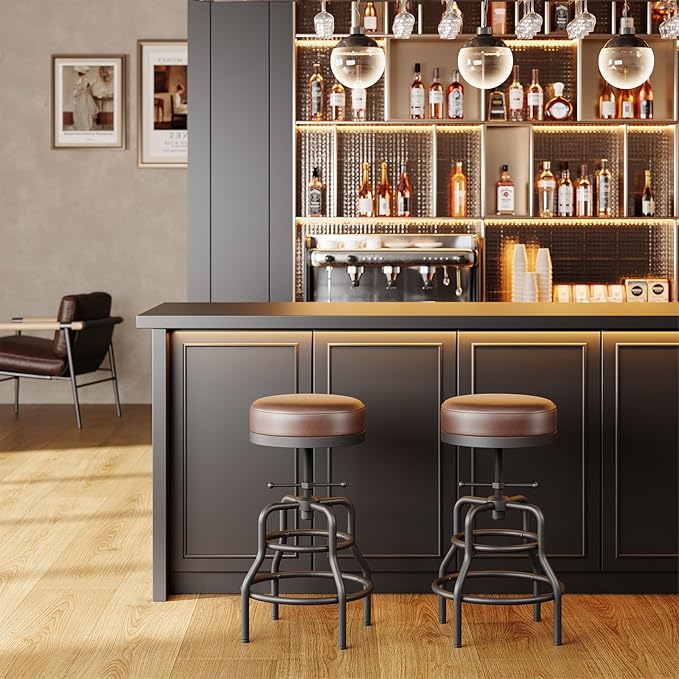 Adjustable Height Swivel Bar Stools Set of 3, 22-29 Inch Industrial Vintage Bar Counter Height Stools with Thicken Premium Bonded Leather Seats & Updated Footrests, Easy Assembly, Black