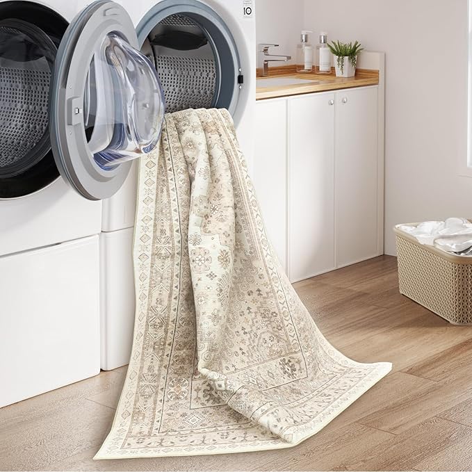 zesthome 3x5 Rug Ultra Soft Washable Rug, Non Slip Area Rug Indoor Entrance, Stain Resistant Rugs for Living Room Bedroom, Vintage Home Decor Area Rugs (Cream/Beige,3'x5')