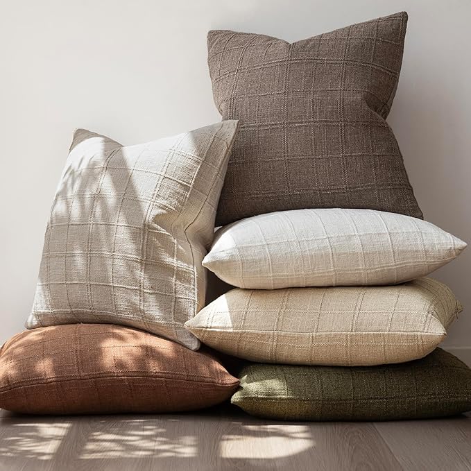 Foindtower Set of 2 Decorative Linen Check Throw Pillow Covers Neutral Farmhouse Vintage Cushion Covers Modern Boho Home Decor for Sofa Chair Couch Bedroom Living Room Outdoor,16×16 Inch,Taupe Grey