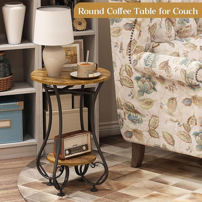 Side Table,Small Round End Table with Lower Shelf for Small Spaces,Round Bedside Nightstand Table with Metal Frame,Couch Sofa Coffee Tea Table,Retro Accent Drink Table for Living Room Bedroom Balcony